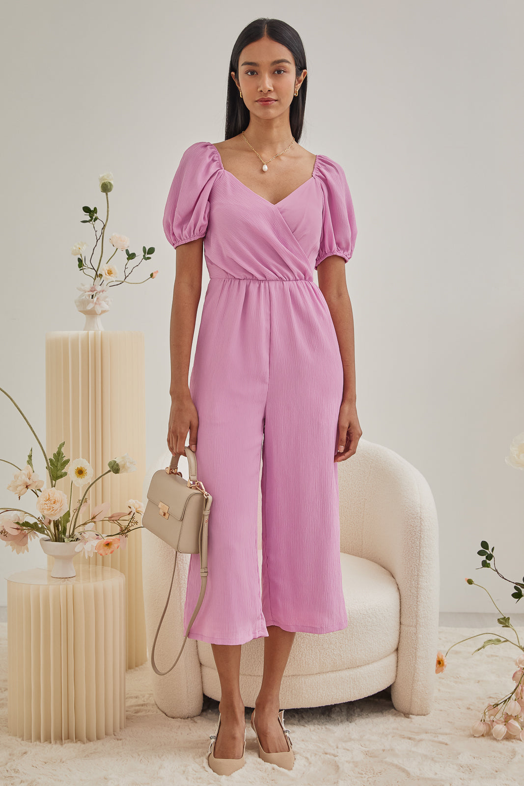 Puff Sleeves Wrap Jumpsuit in Pink