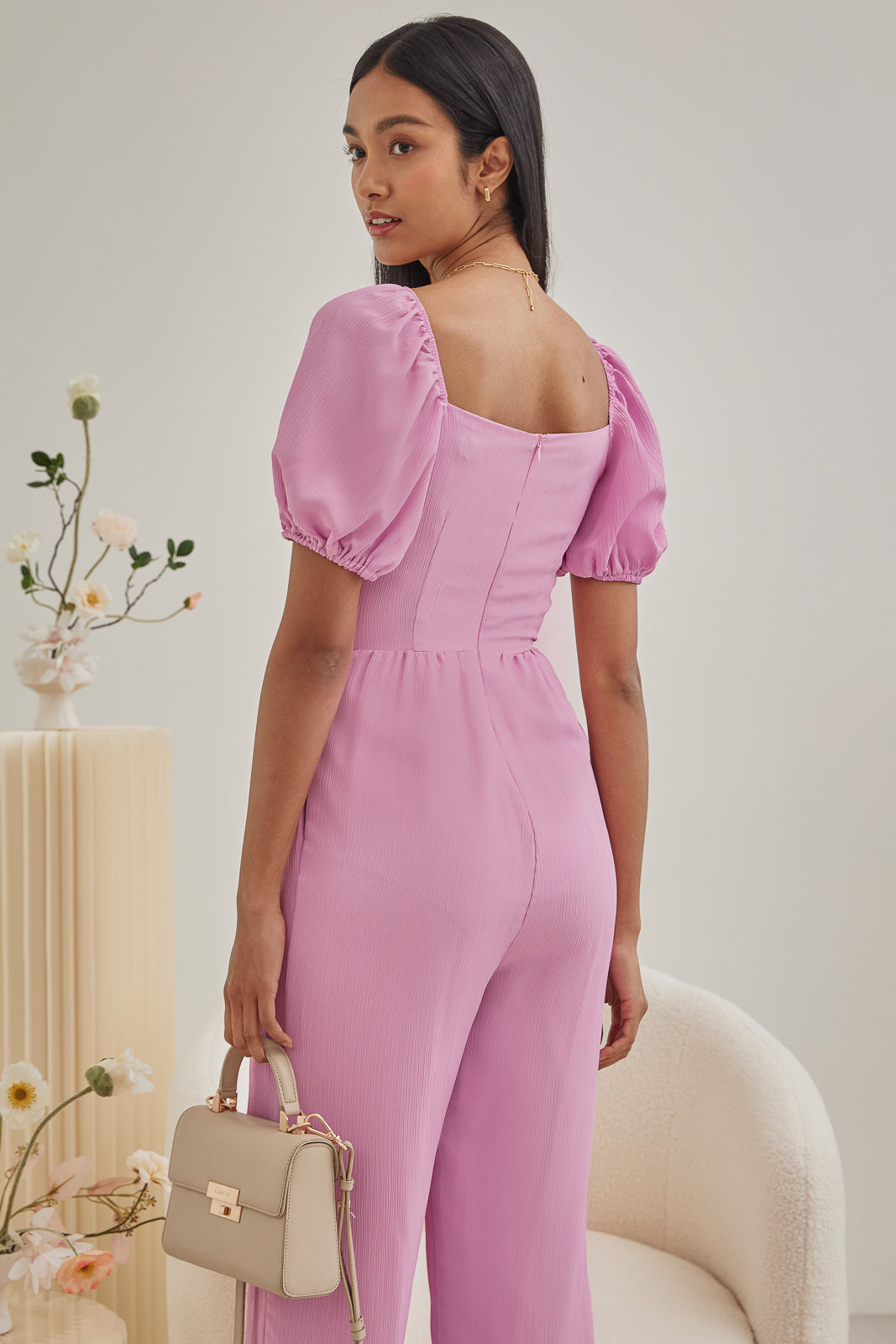 Puff Sleeves Wrap Jumpsuit in Pink