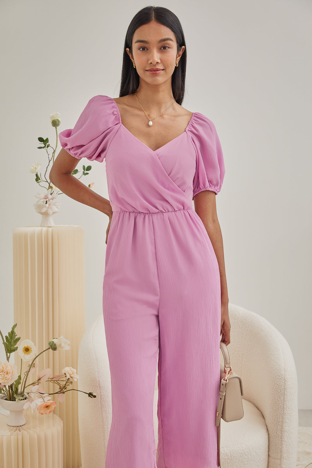 Puff Sleeves Wrap Jumpsuit in Pink
