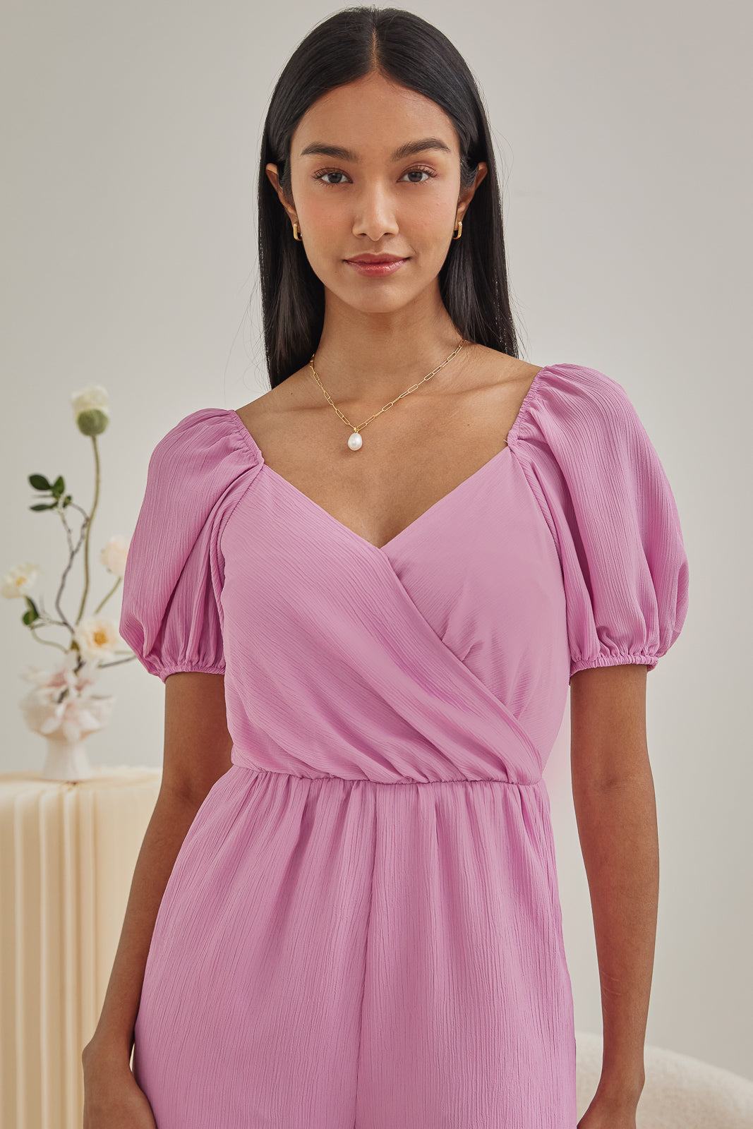 Puff Sleeves Wrap Jumpsuit in Pink