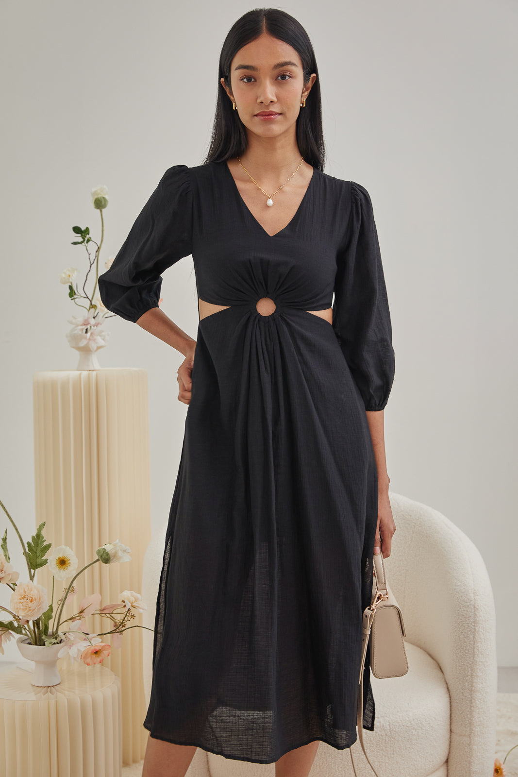 Lynne Cut-Out Kaftan Dress in Black