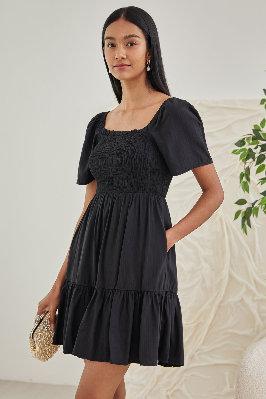 Mabel Mini Smocked Dress in Black