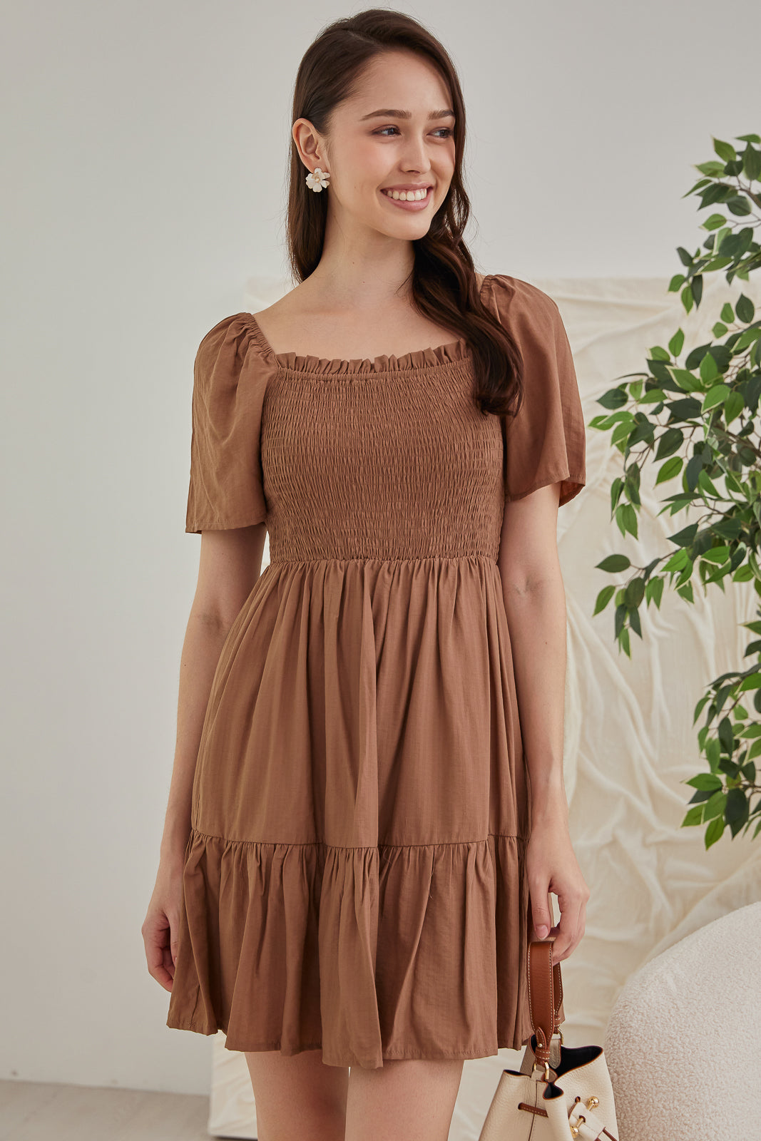 Mabel Mini Smocked Dress in Mocha