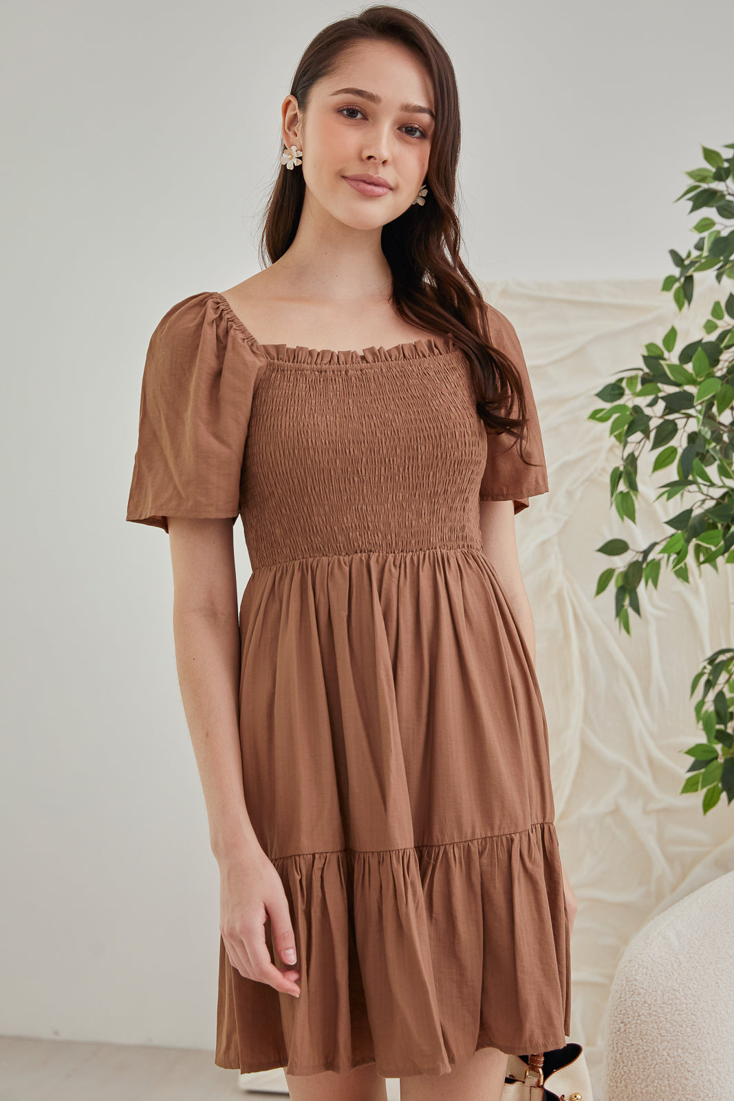 Mabel Mini Smocked Dress in Mocha