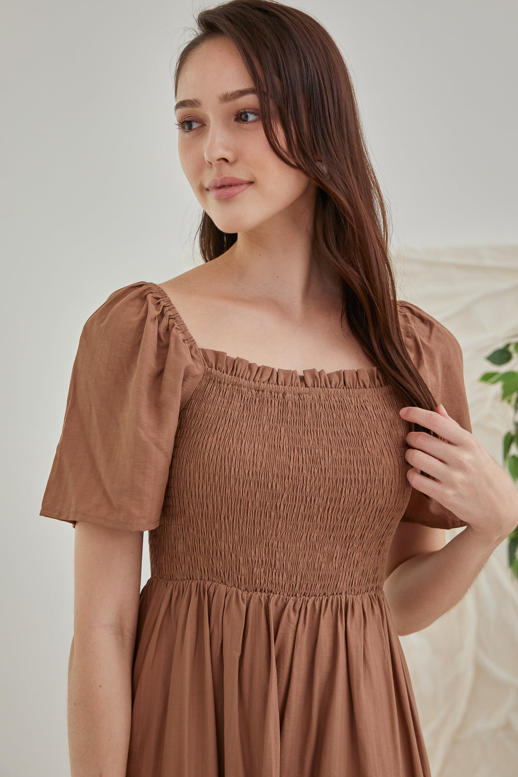 Mabel Mini Smocked Dress in Mocha