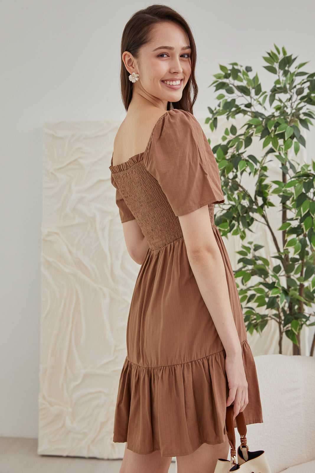 Mabel Mini Smocked Dress in Mocha