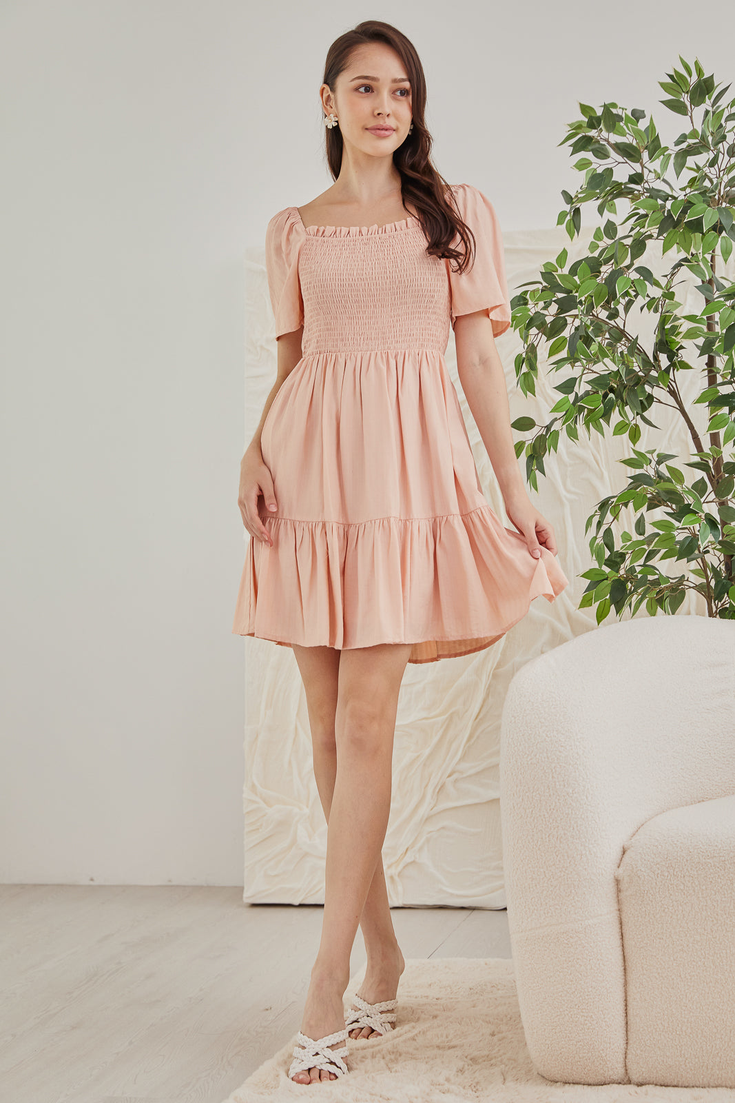 Mabel Mini Smocked Dress in Peach