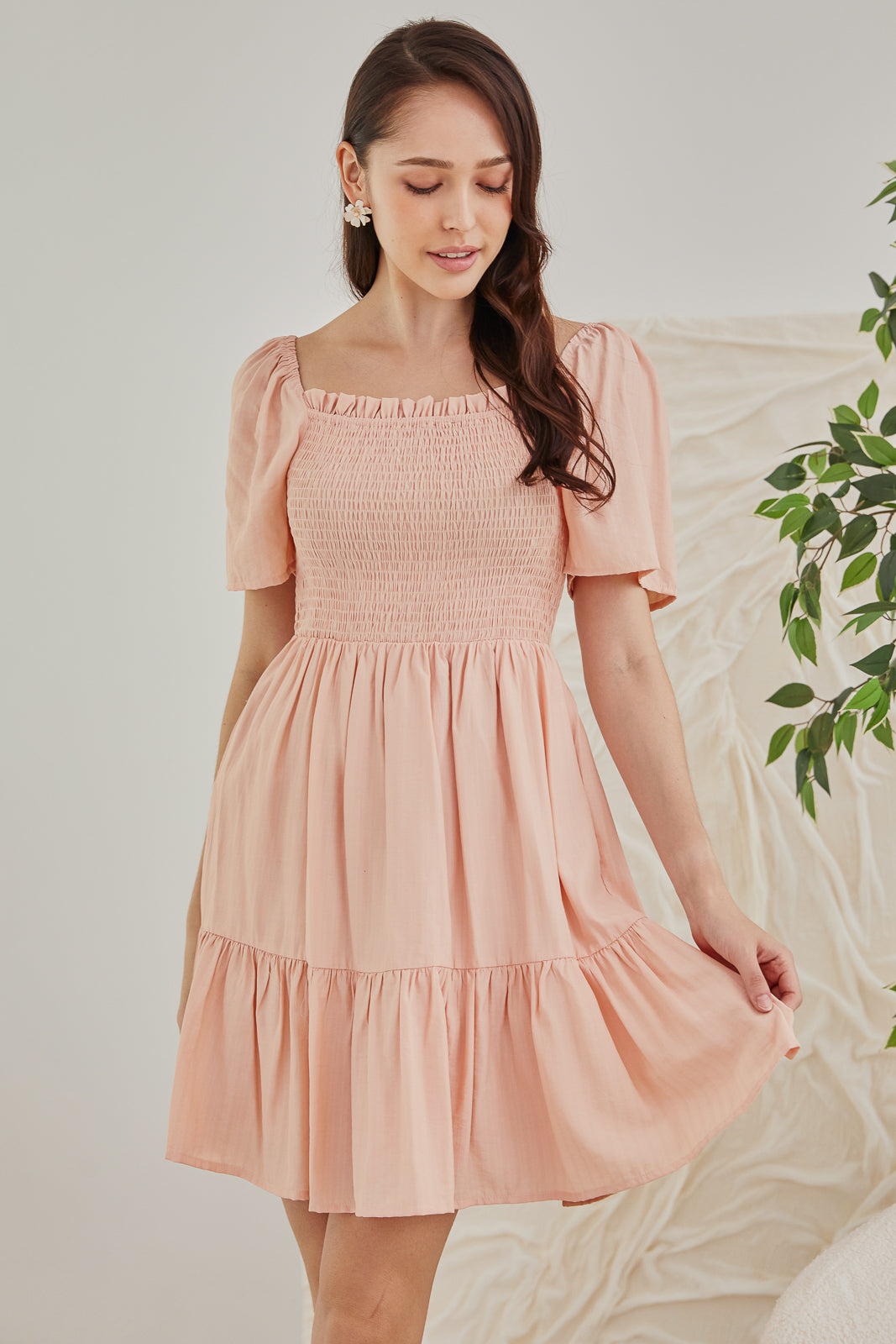 Mabel Mini Smocked Dress in Peach