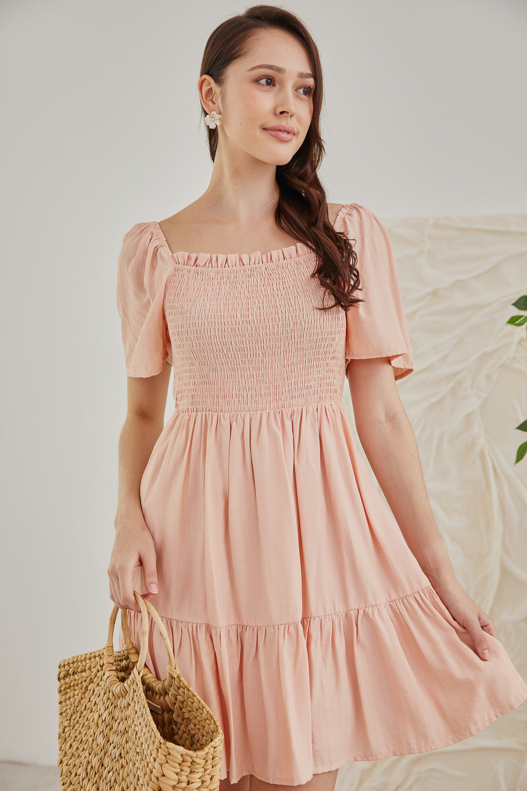 Mabel Mini Smocked Dress in Peach