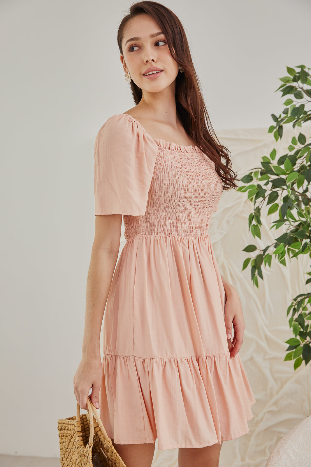Mabel Mini Smocked Dress in Peach