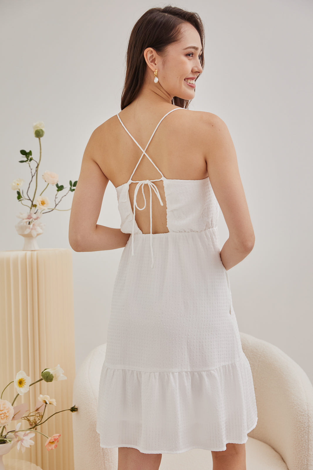 Textured Self-Tie Padded Mini Dress in White