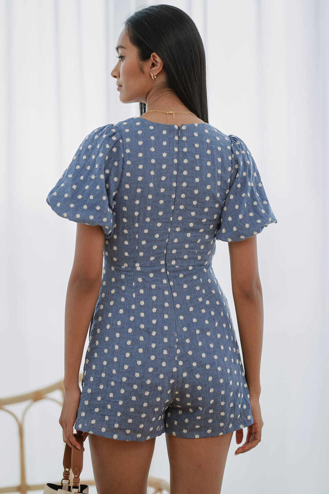 Daisy Pouf Sleeves Romper in Blue