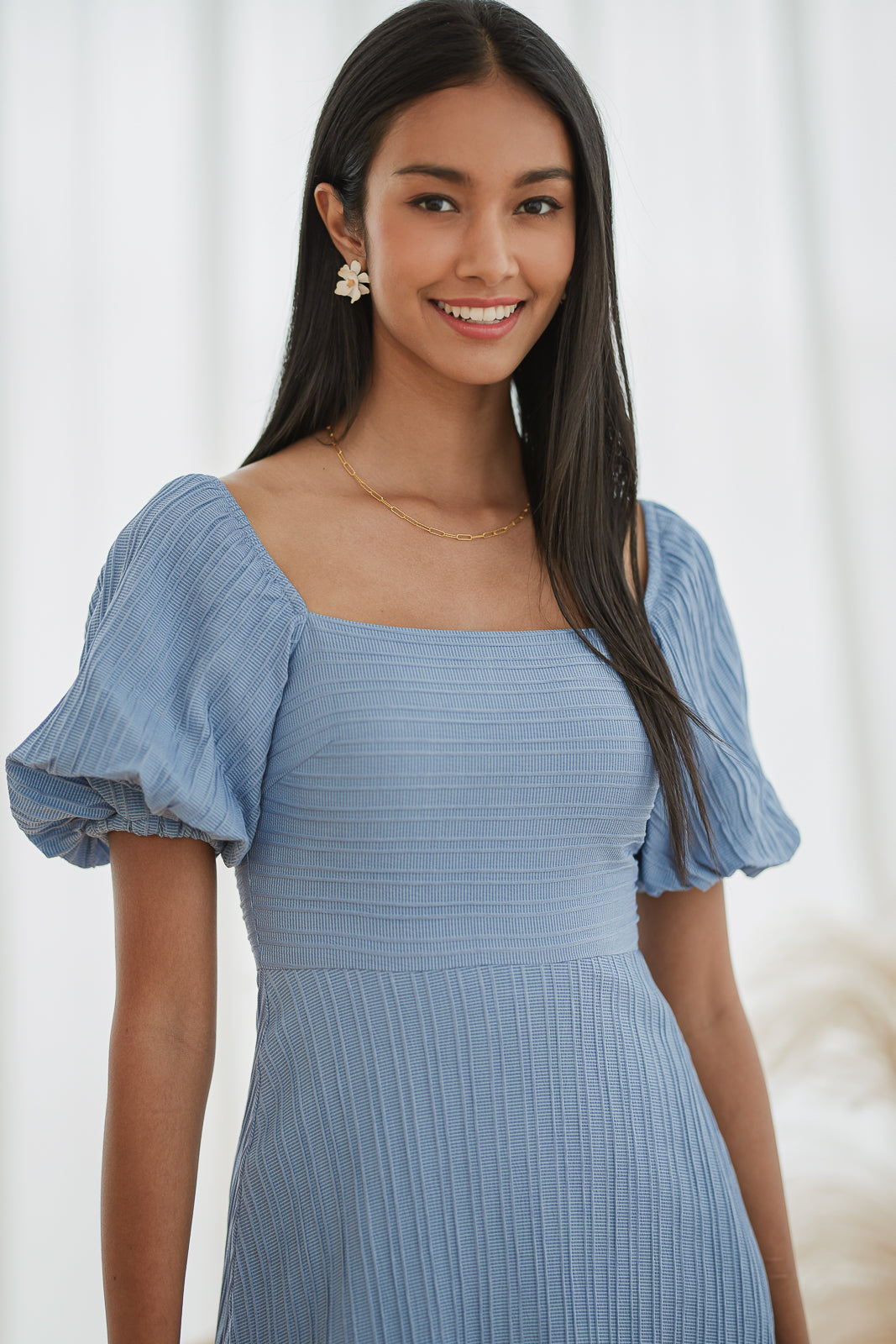 Pouf Sleeves Textured Drophem Dress in Blue
