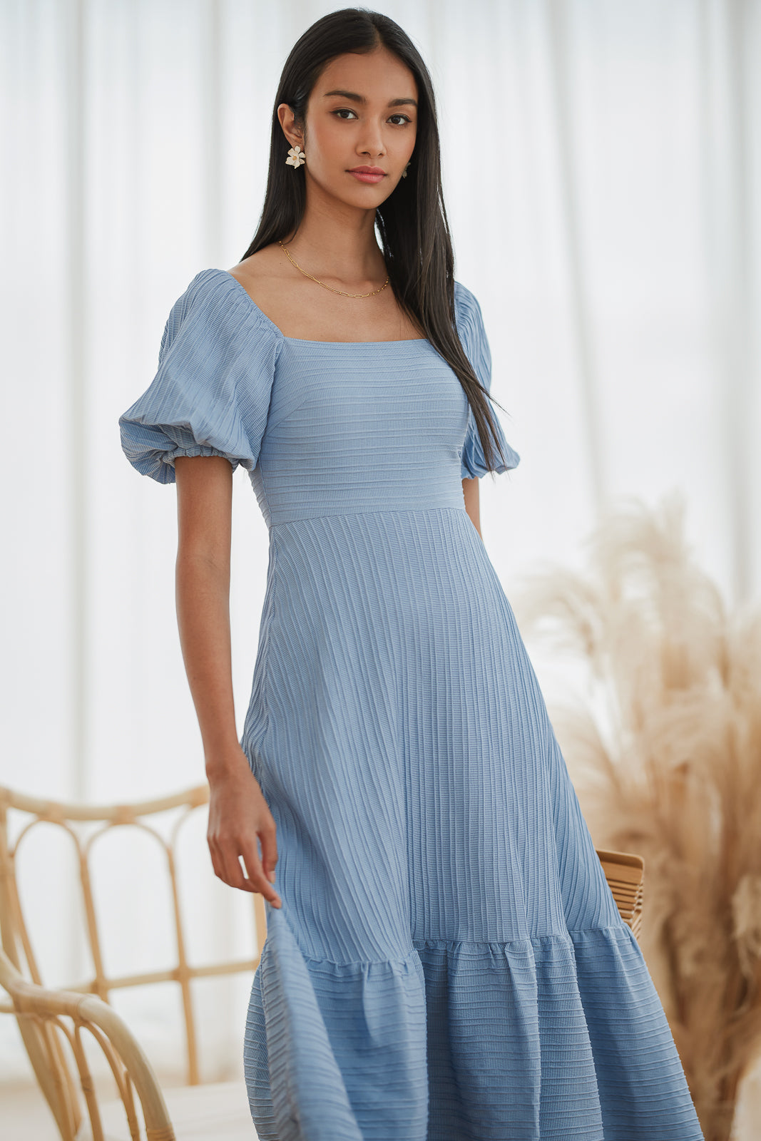 Pouf Sleeves Textured Drophem Dress in Blue