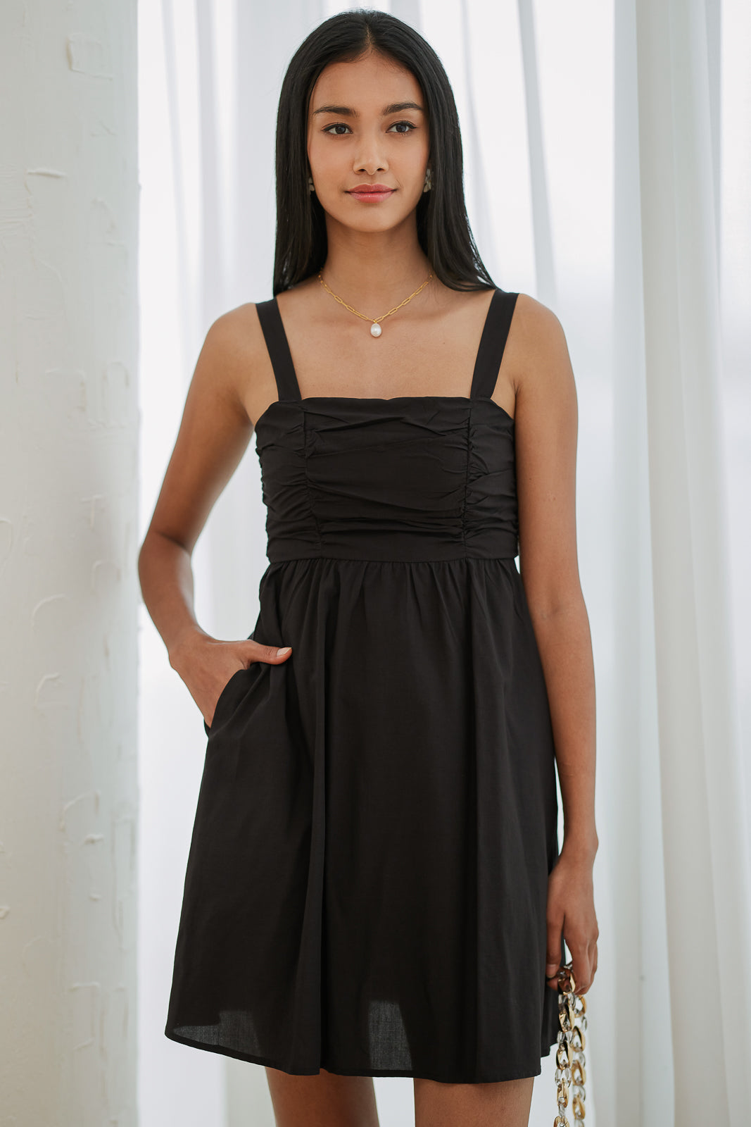 Linda Ruched Playsuit Dress in Black