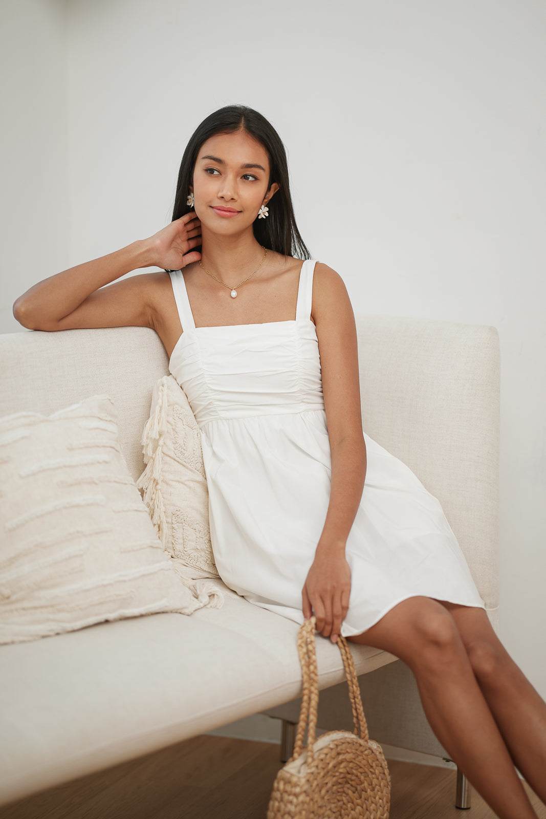 Linda Ruched Playsuit Dress in White