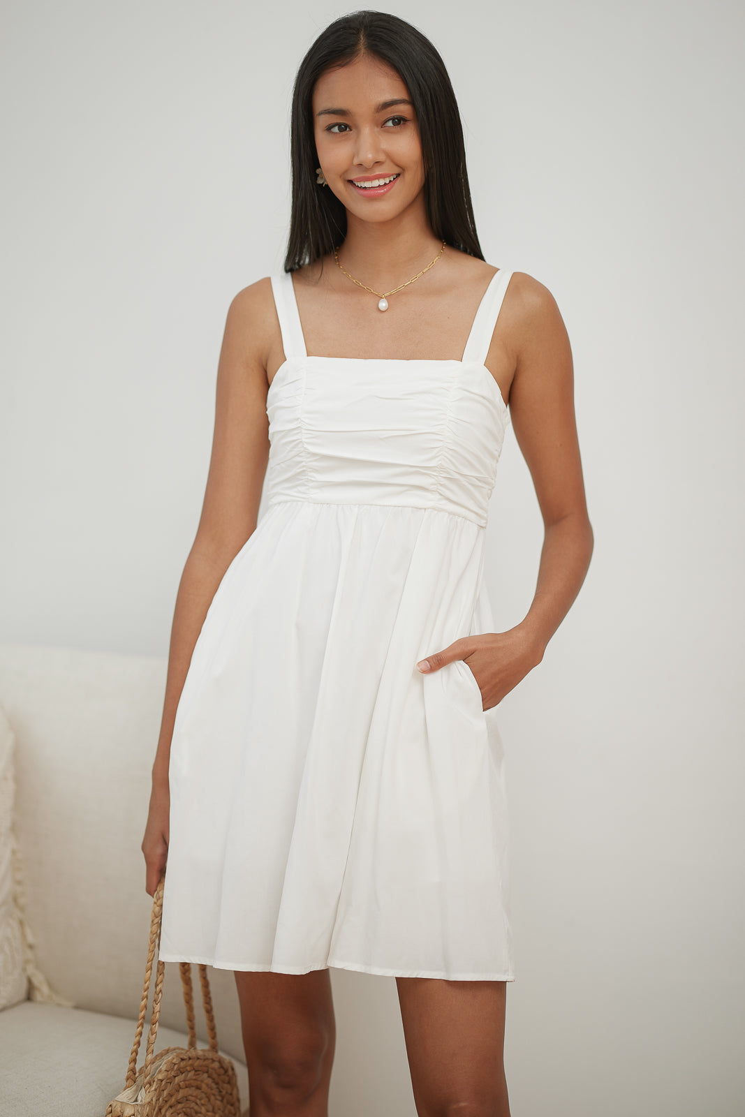 Linda Ruched Playsuit Dress in White