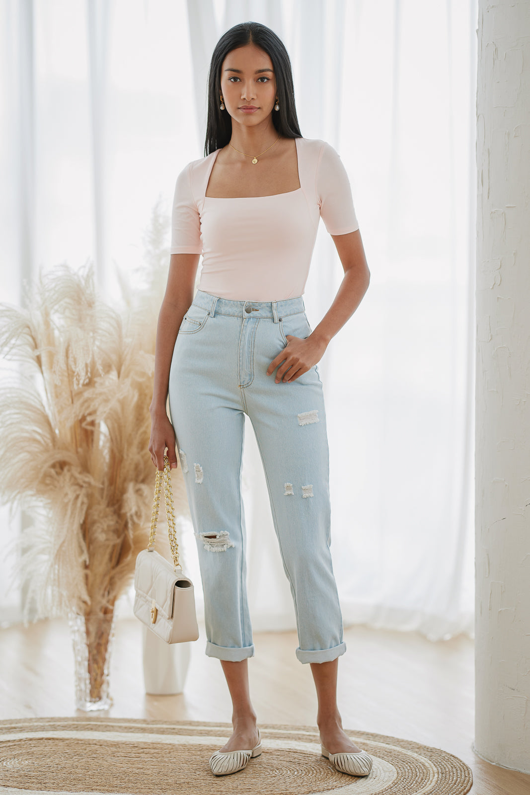 Restocked* Basic Square Neck Sleeved Top in Pink