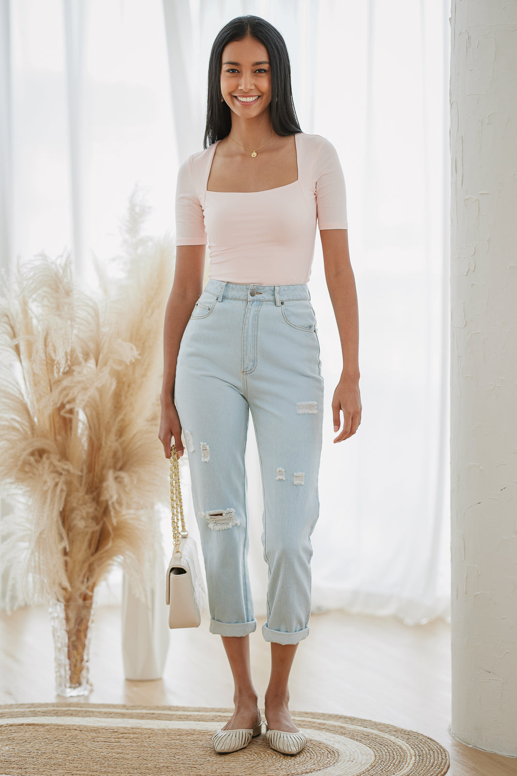 Restocked* Basic Square Neck Sleeved Top in Pink