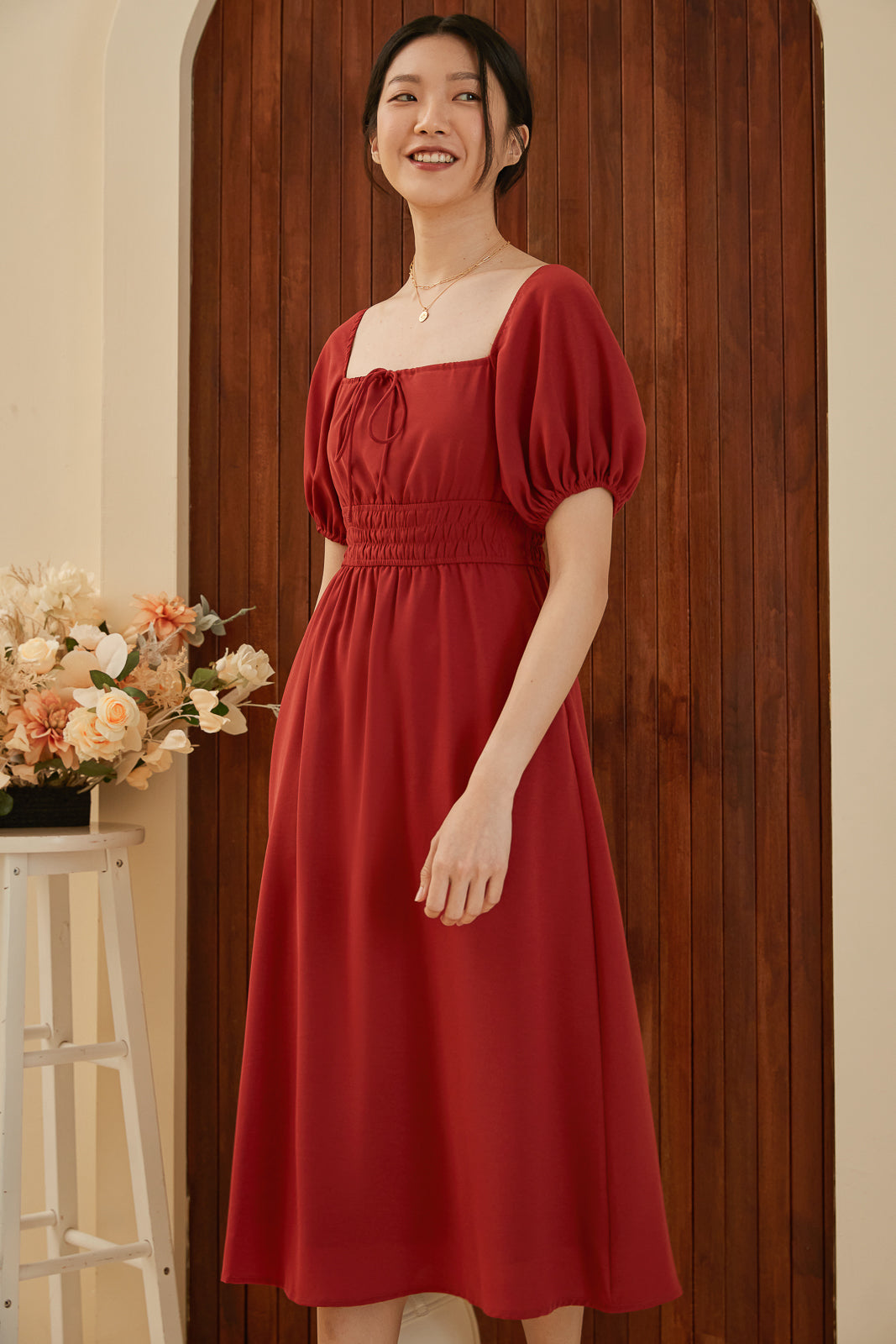 Goldilocks Smock-Waist Dress in Ruby Red