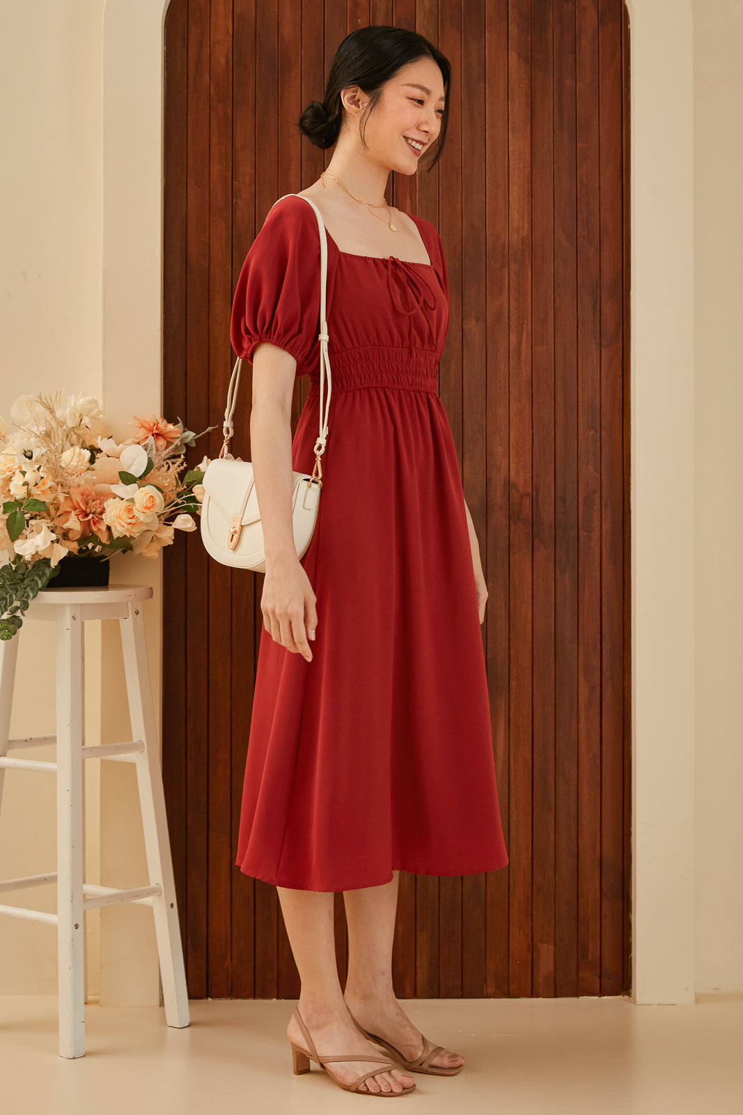 Goldilocks Smock-Waist Dress in Ruby Red