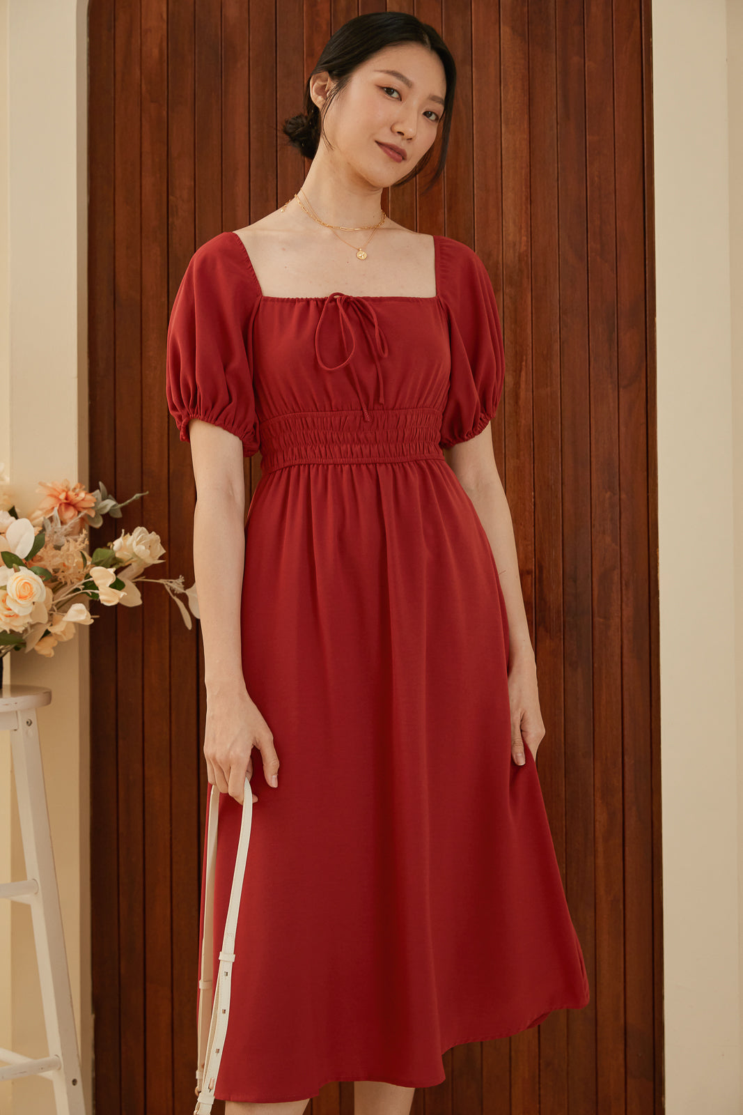 Goldilocks Smock-Waist Dress in Ruby Red