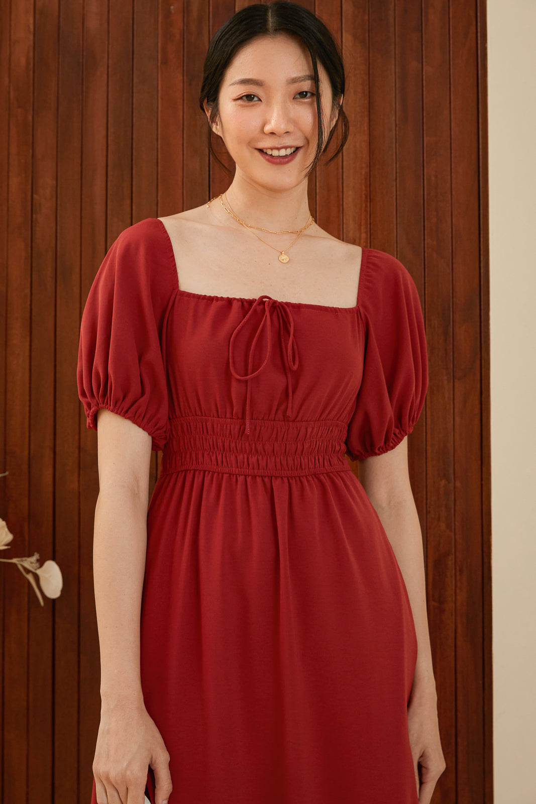 Goldilocks Smock-Waist Dress in Ruby Red