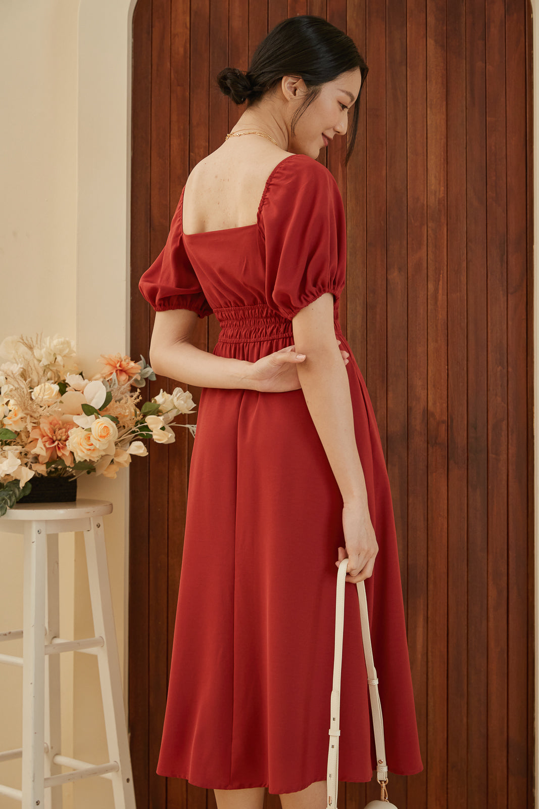 Goldilocks Smock-Waist Dress in Ruby Red