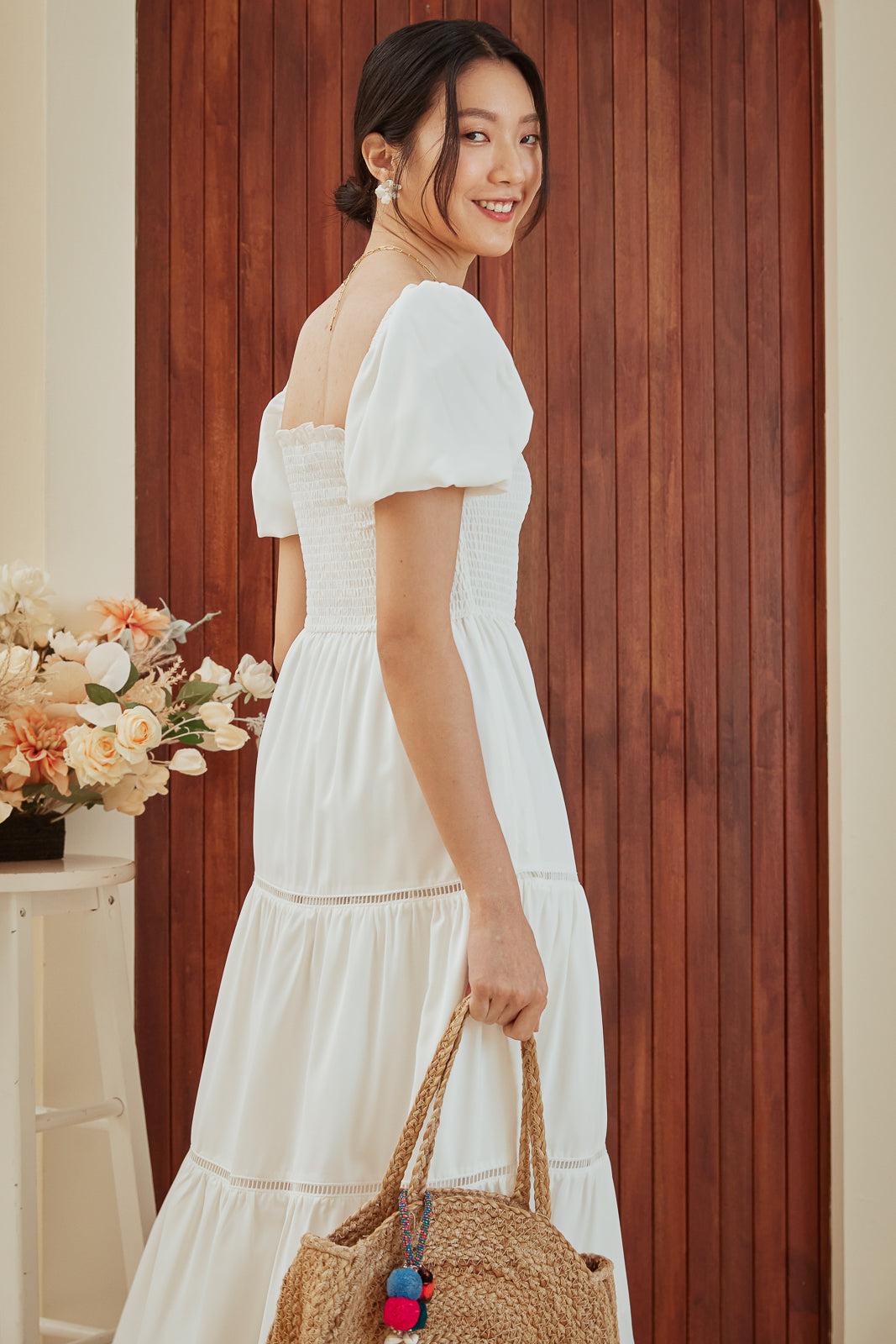 Restocked* Rosa Trim Smocked Dress in White