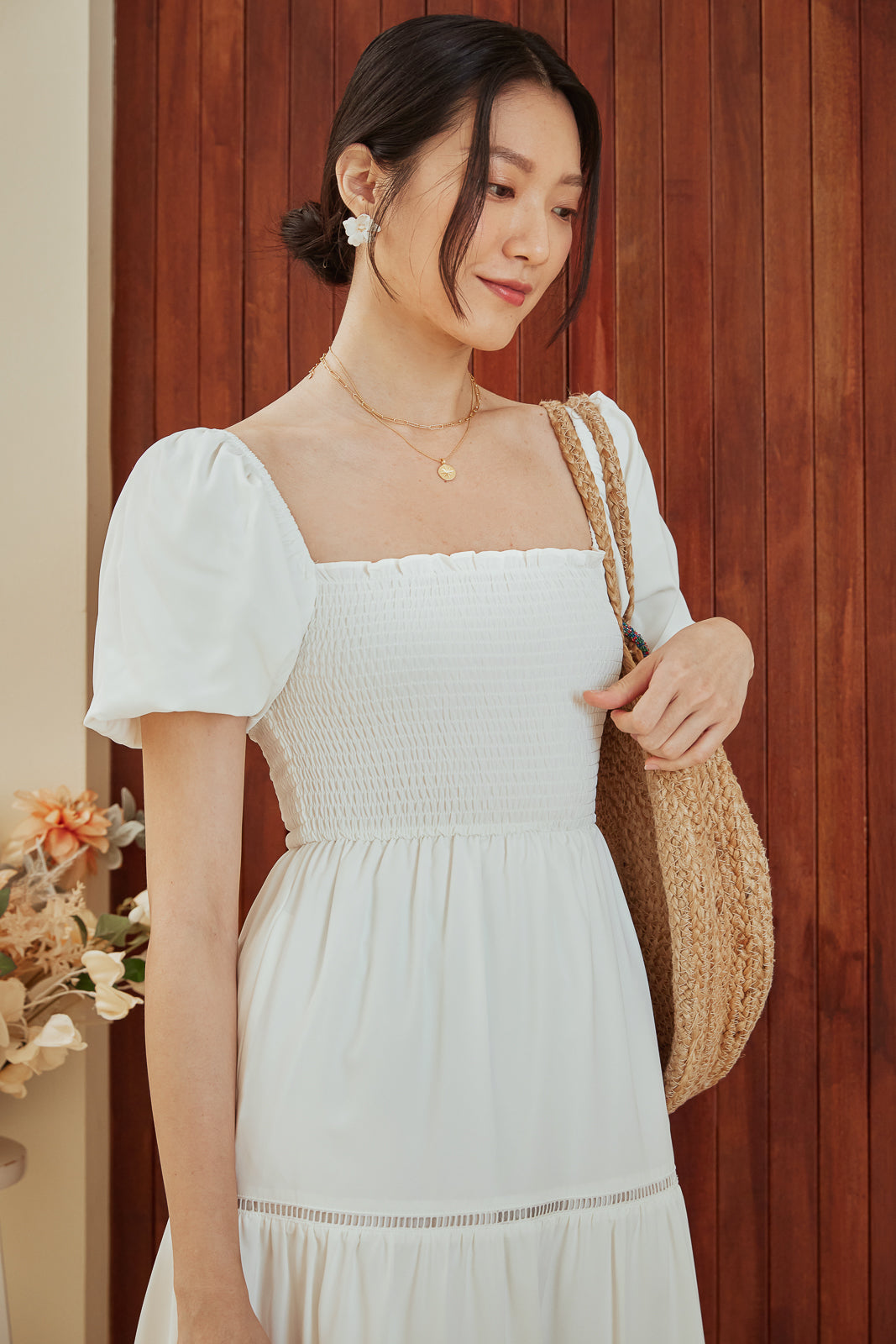 Restocked* Rosa Trim Smocked Dress in White