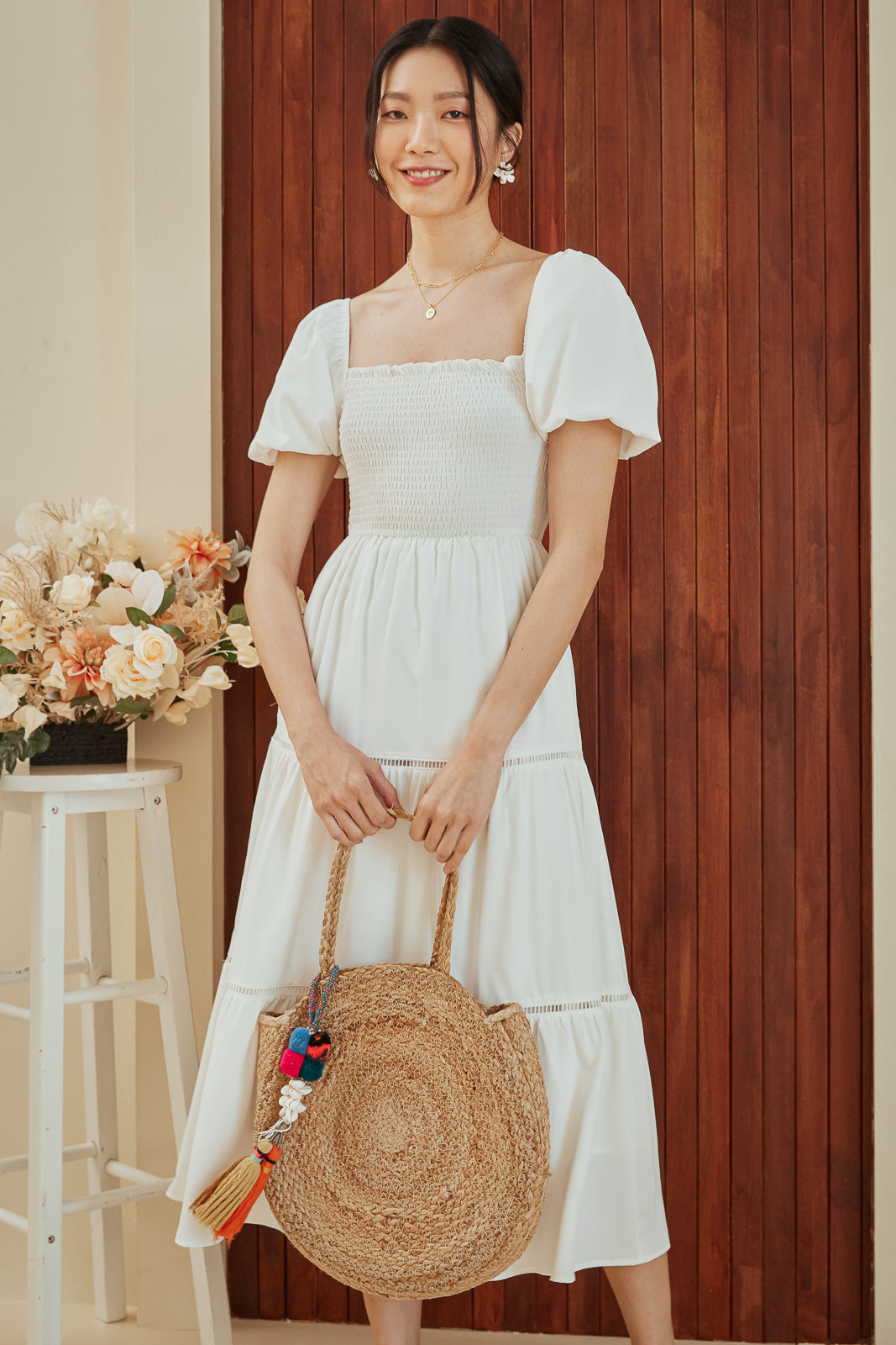 Restocked* Rosa Trim Smocked Dress in White
