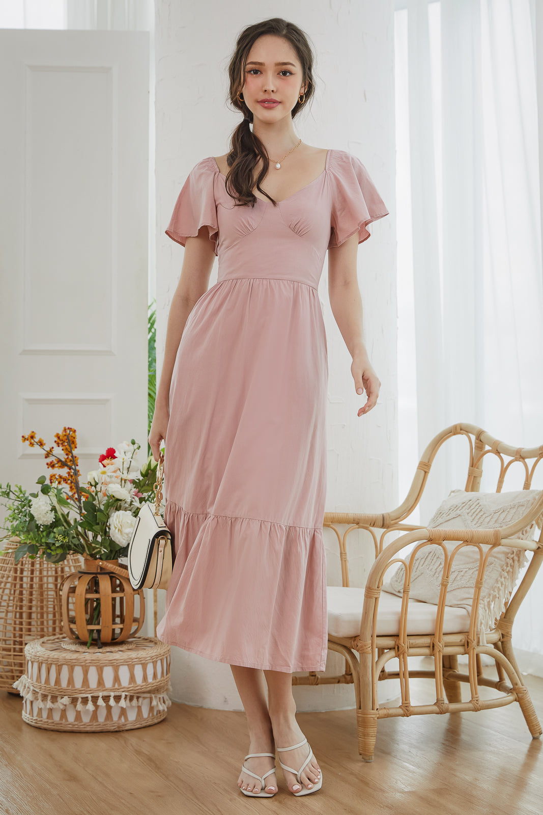 Flutter Sleeves Midaxi Dress in Pink