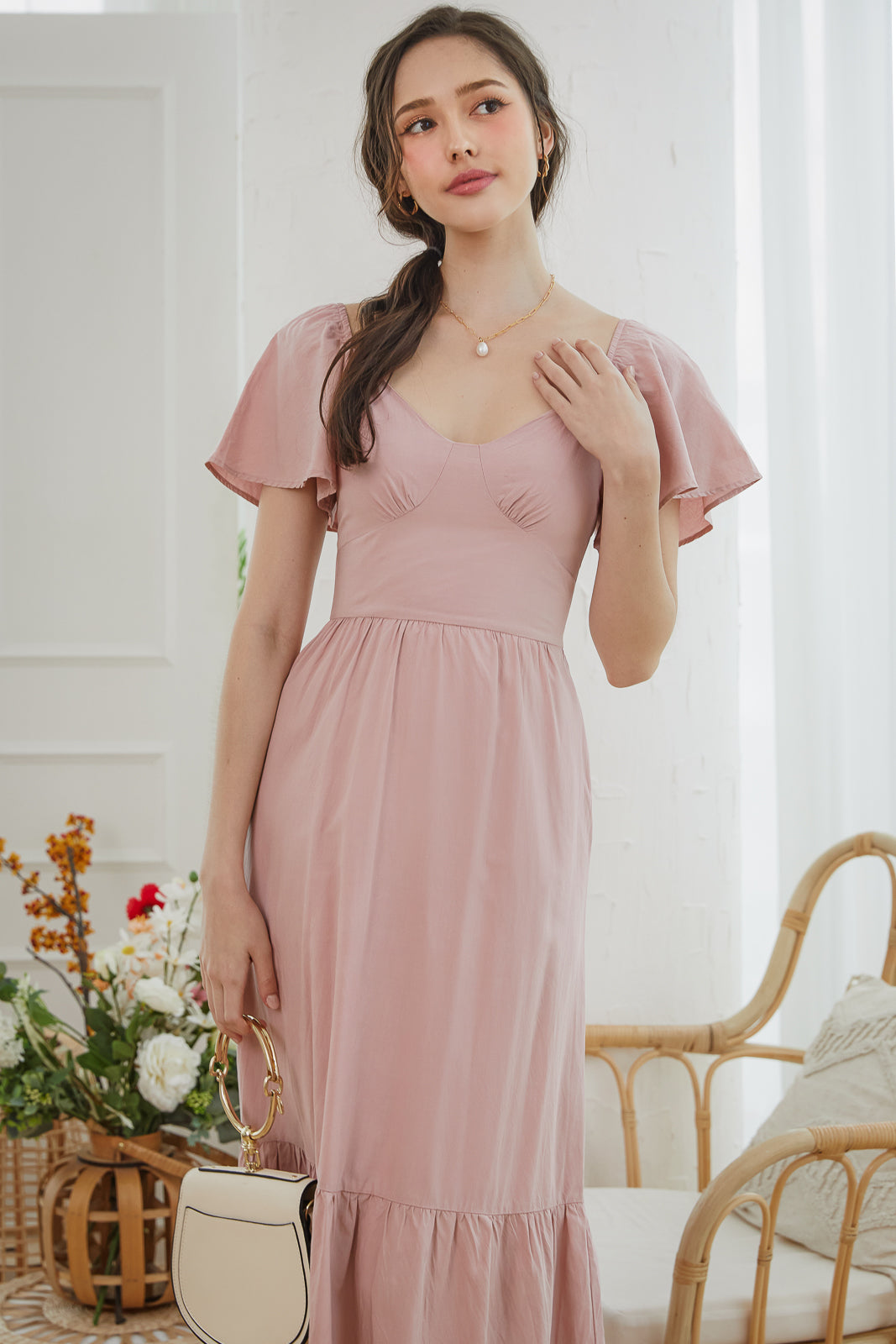 Flutter Sleeves Midaxi Dress in Pink