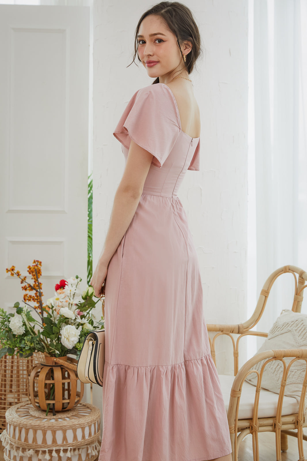 Flutter Sleeves Midaxi Dress in Pink