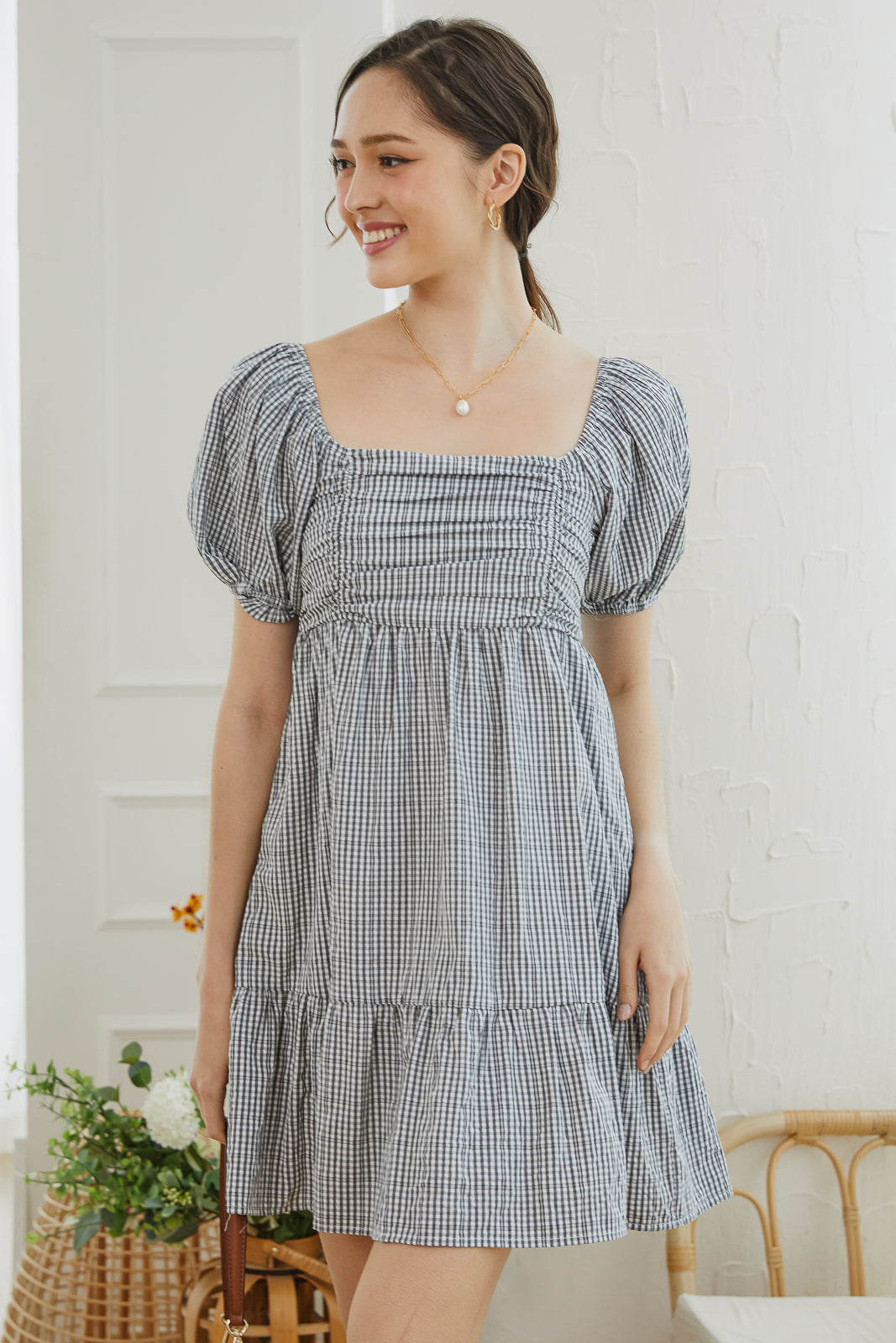 Gingham Ruched Babydoll Dress in Black