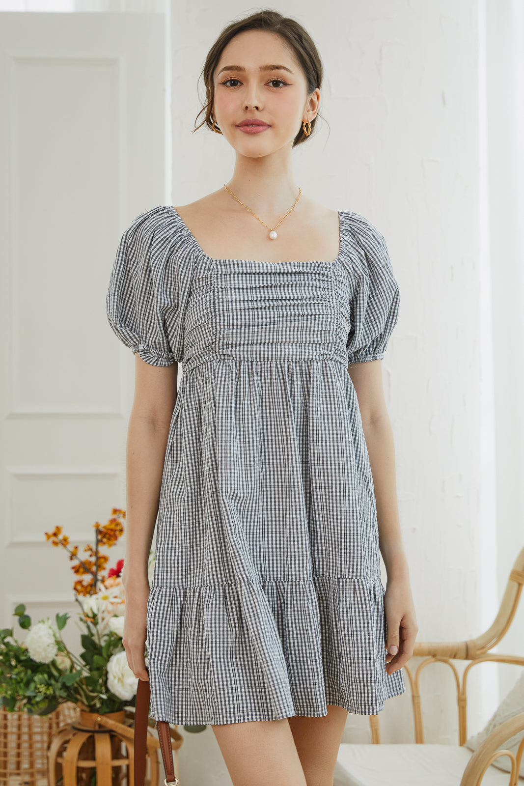 Gingham Ruched Babydoll Dress in Black