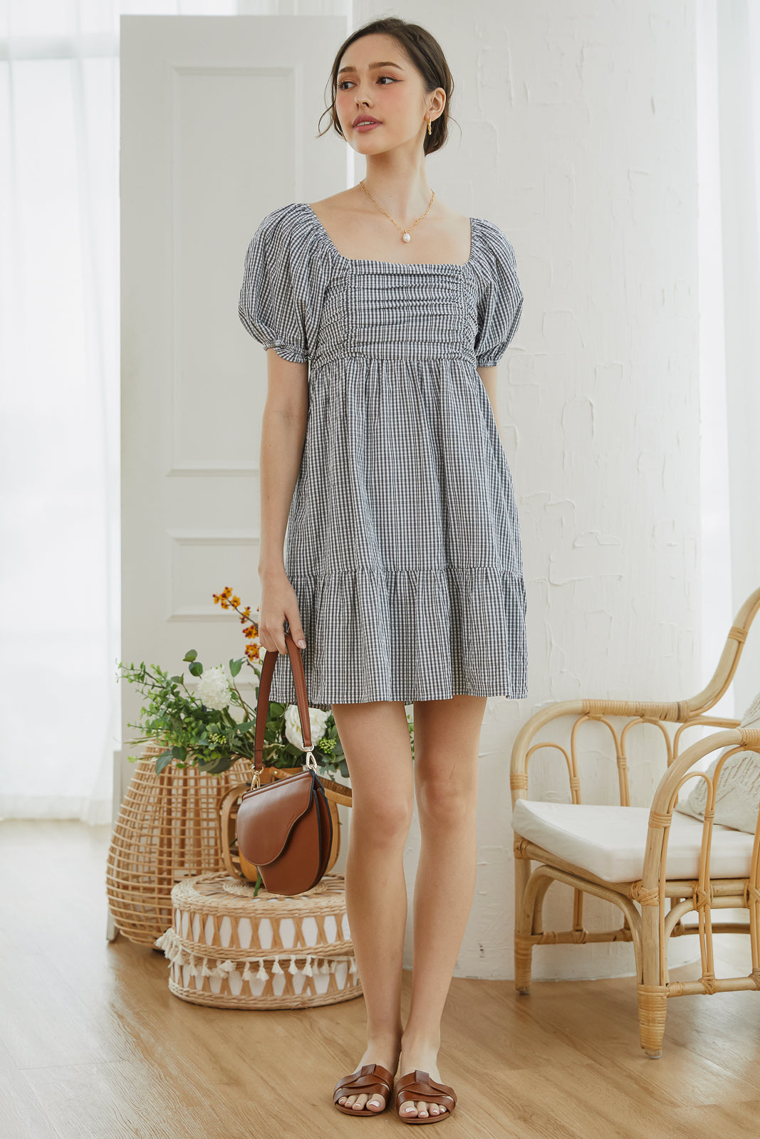 Gingham Ruched Babydoll Dress in Black