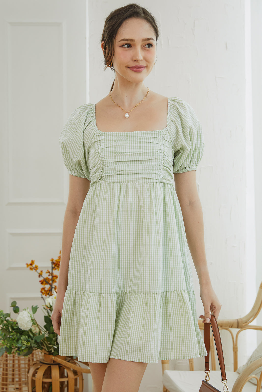 Gingham Ruched Babydoll Dress in Sage