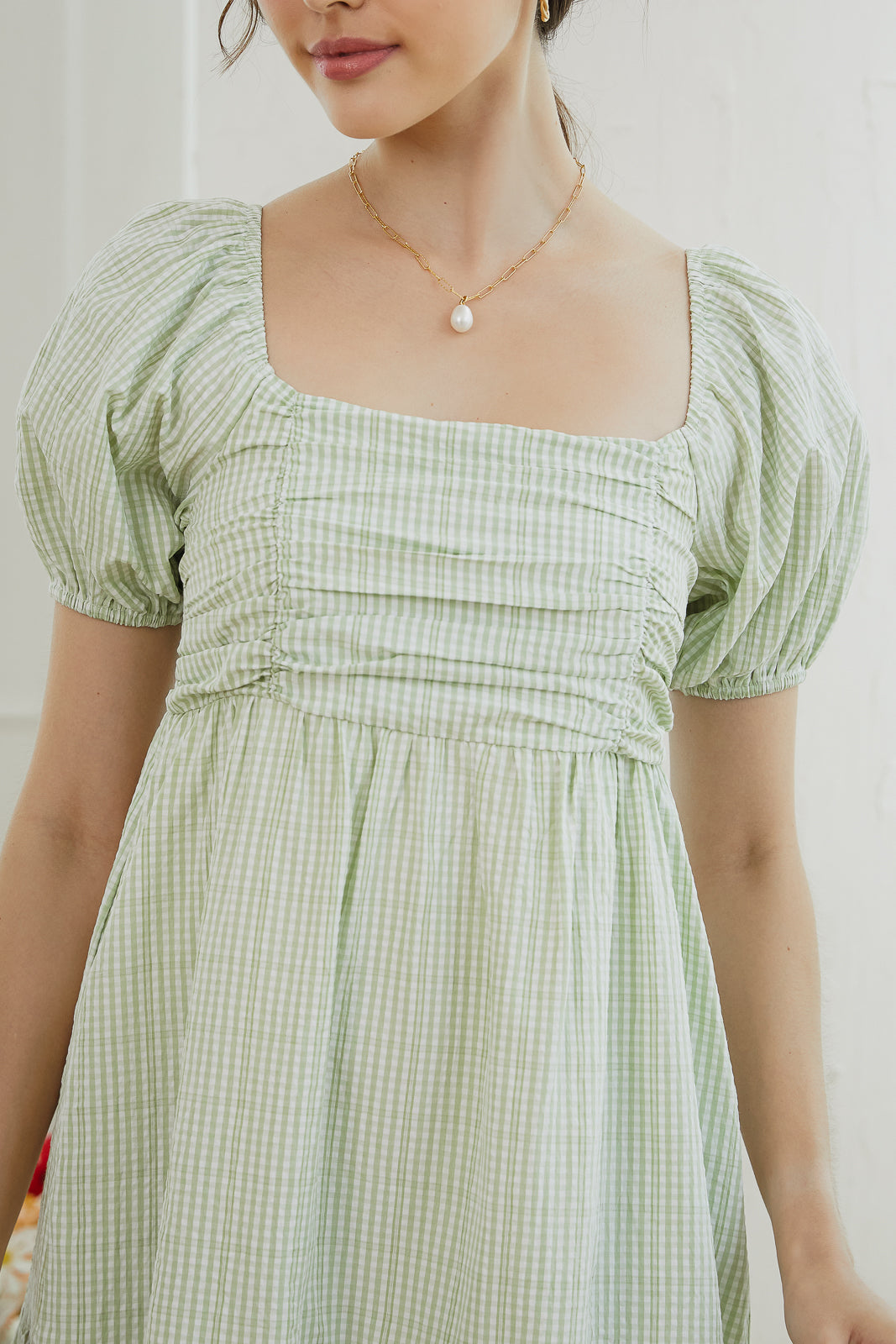 Gingham Ruched Babydoll Dress in Sage