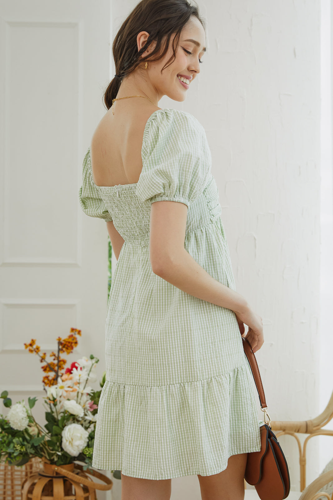 Gingham Ruched Babydoll Dress in Sage