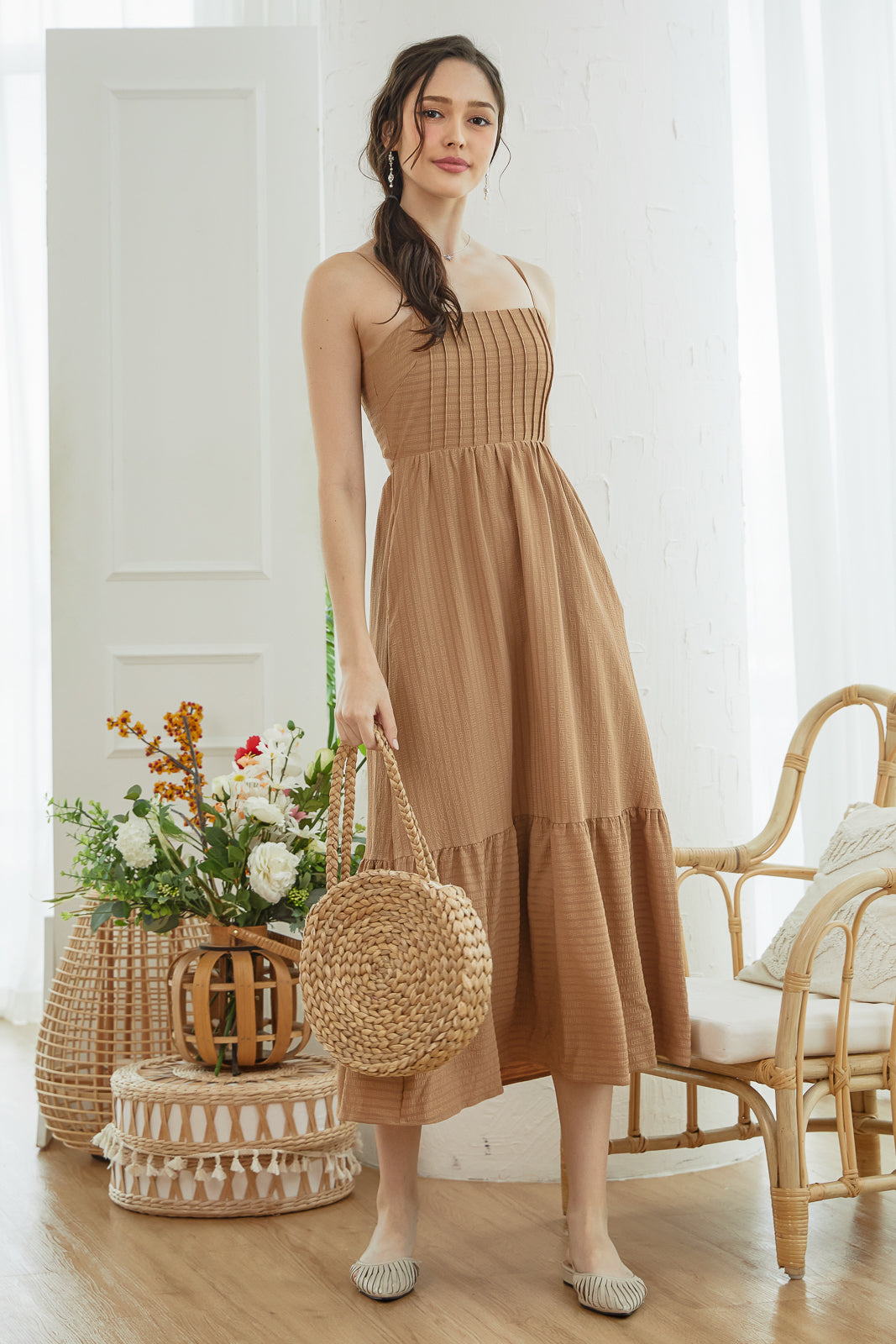 Open Back Strappy Drophem Dress in Mocha