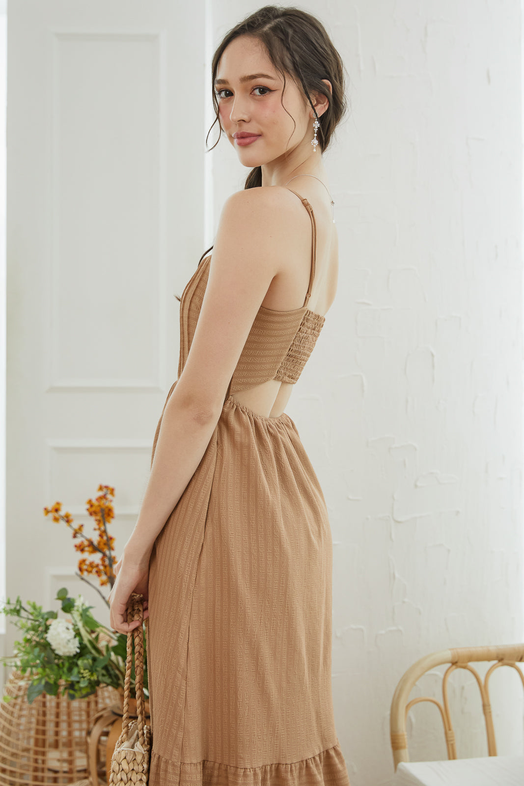 Open Back Strappy Drophem Dress in Mocha