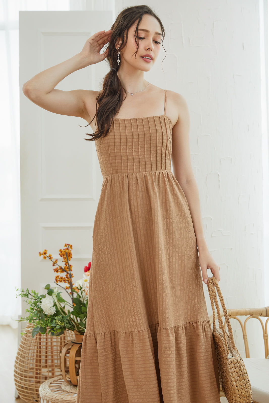 Open Back Strappy Drophem Dress in Mocha