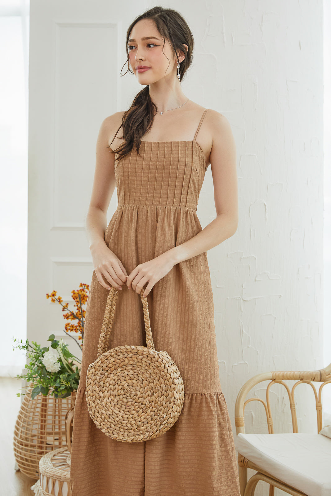 Open Back Strappy Drophem Dress in Mocha