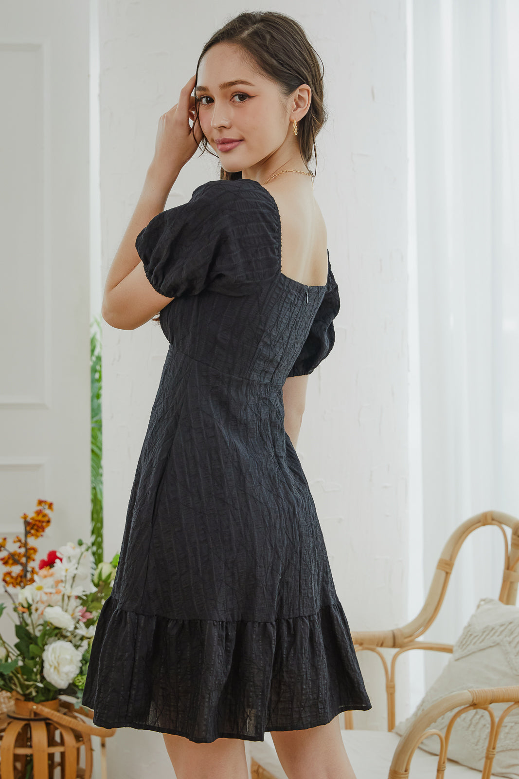 Sophia Drawstring Playsuit Dress in Black