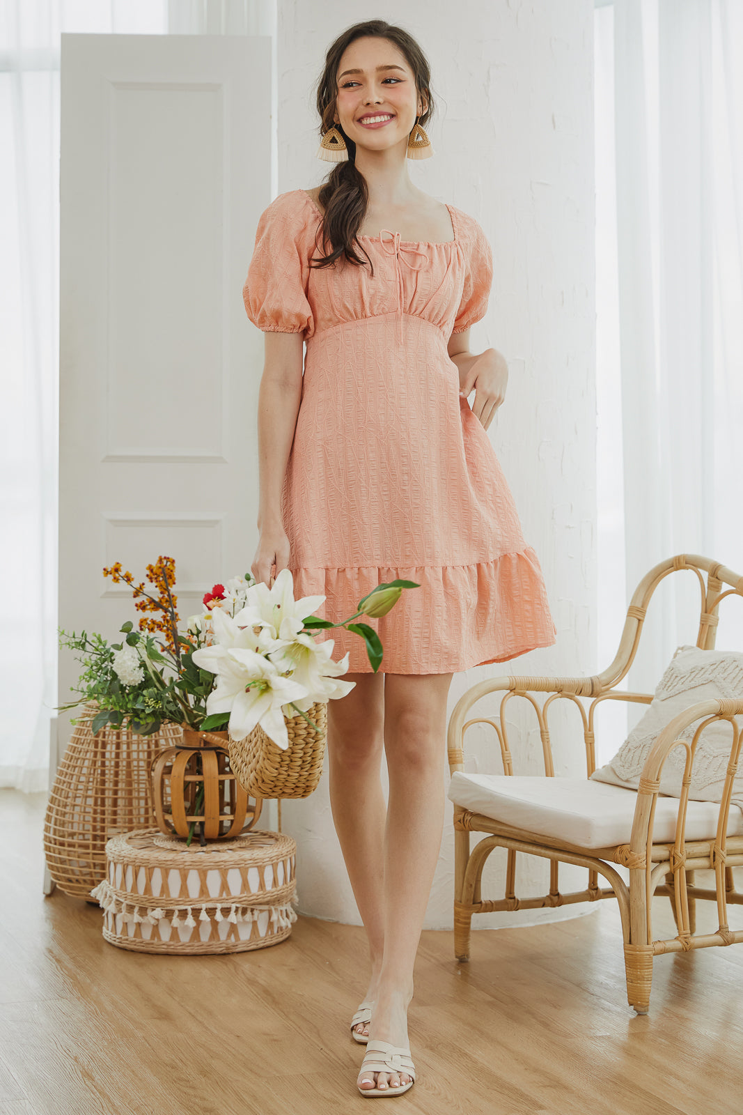 Sophia Drawstring Playsuit Dress in Apricot