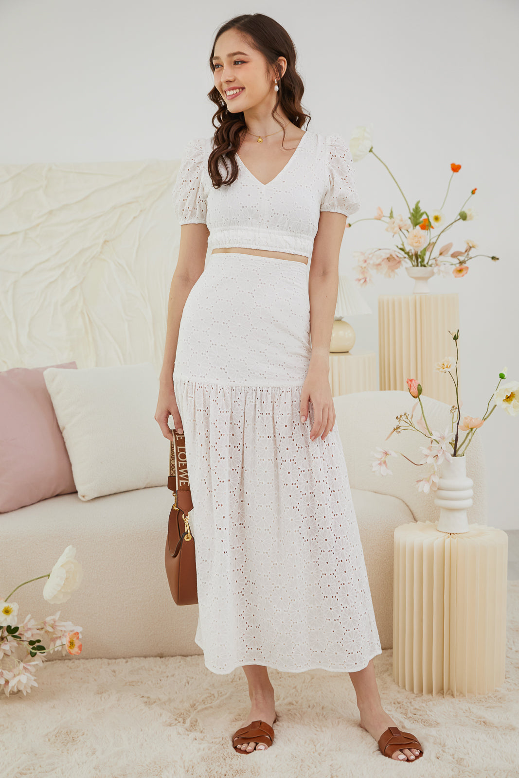 Flourish Eyelet Midi Skirt in White