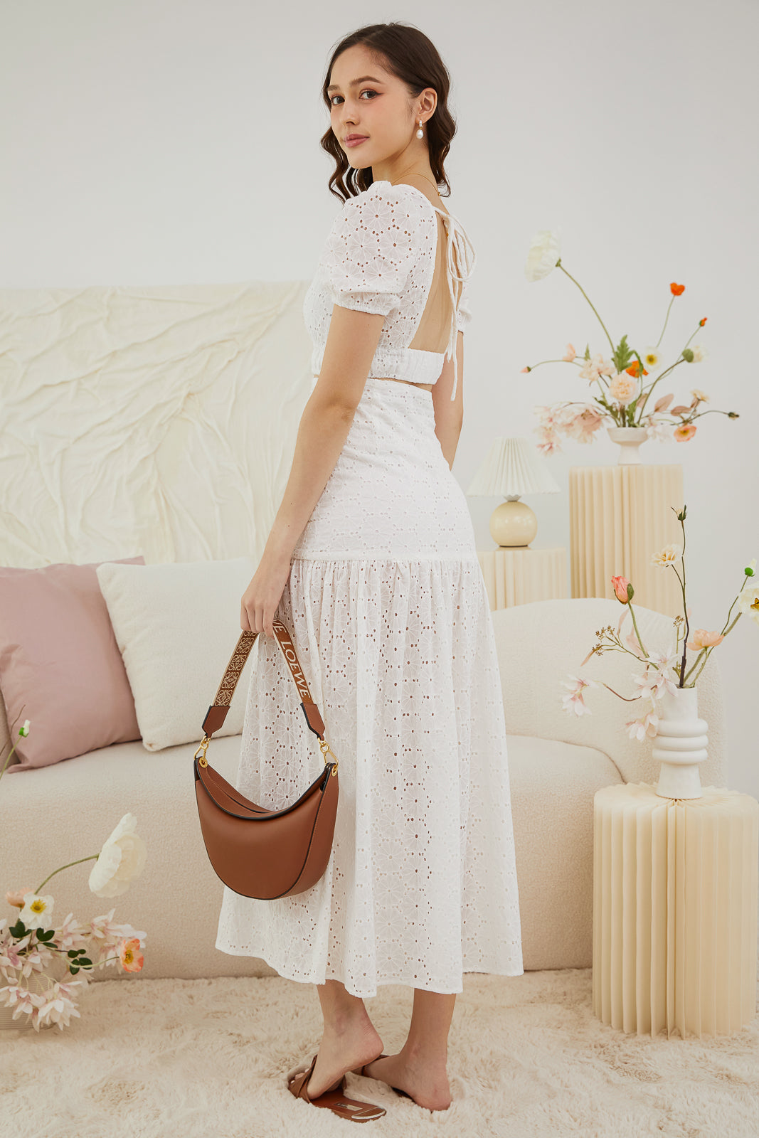 Flourish Eyelet Midi Skirt in White