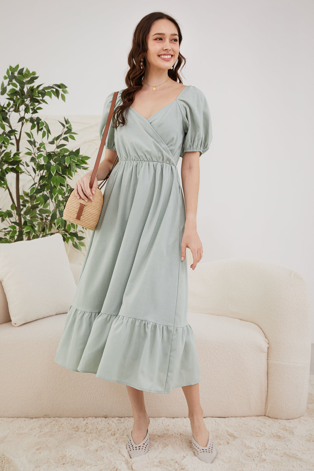 Elaine Wrap Drophem Dress in Sage