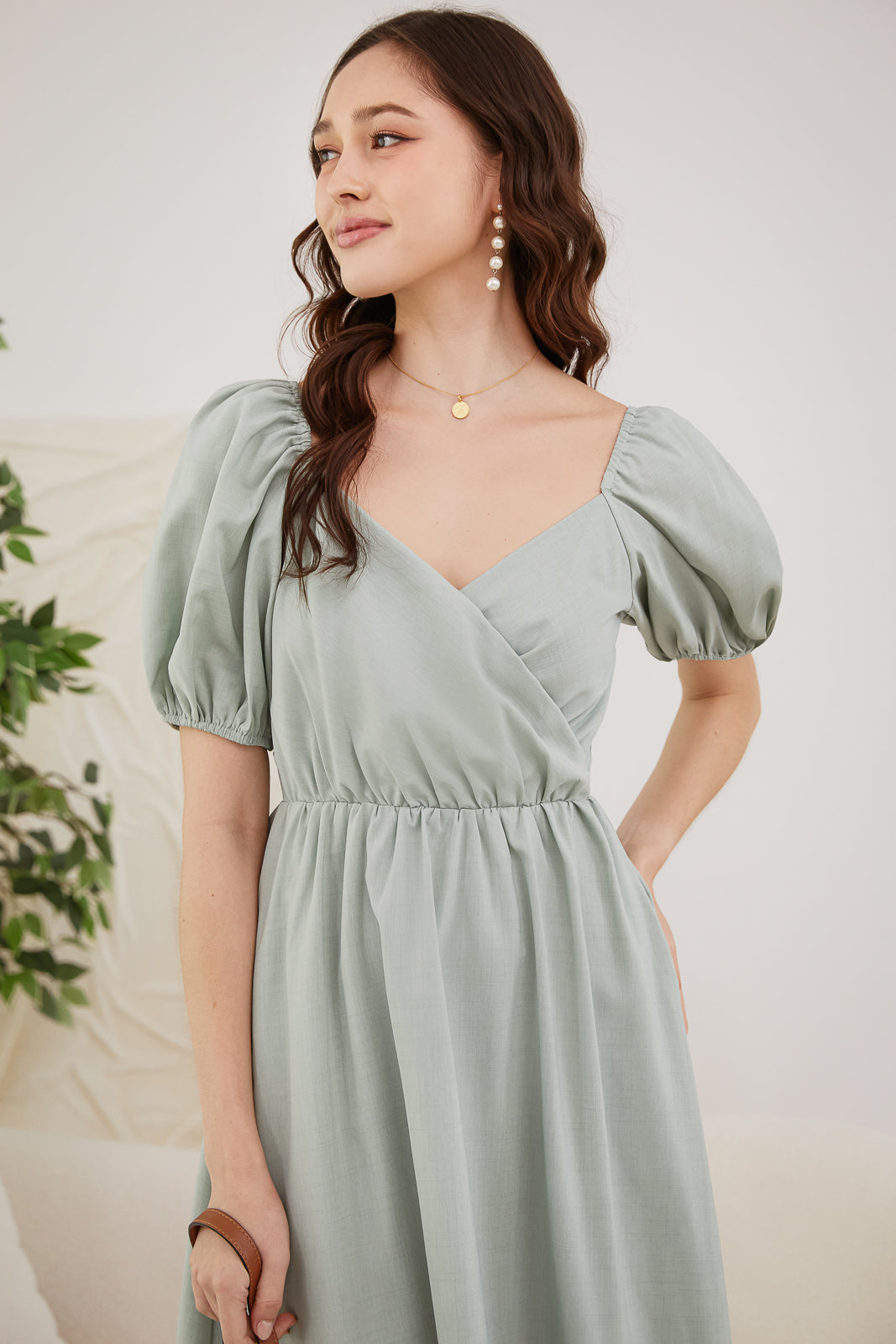 Elaine Wrap Drophem Dress in Sage
